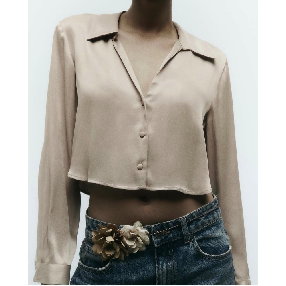Zara Cropped Satin Effect Shirt Taupe Brown Button Up Blouse Size M
